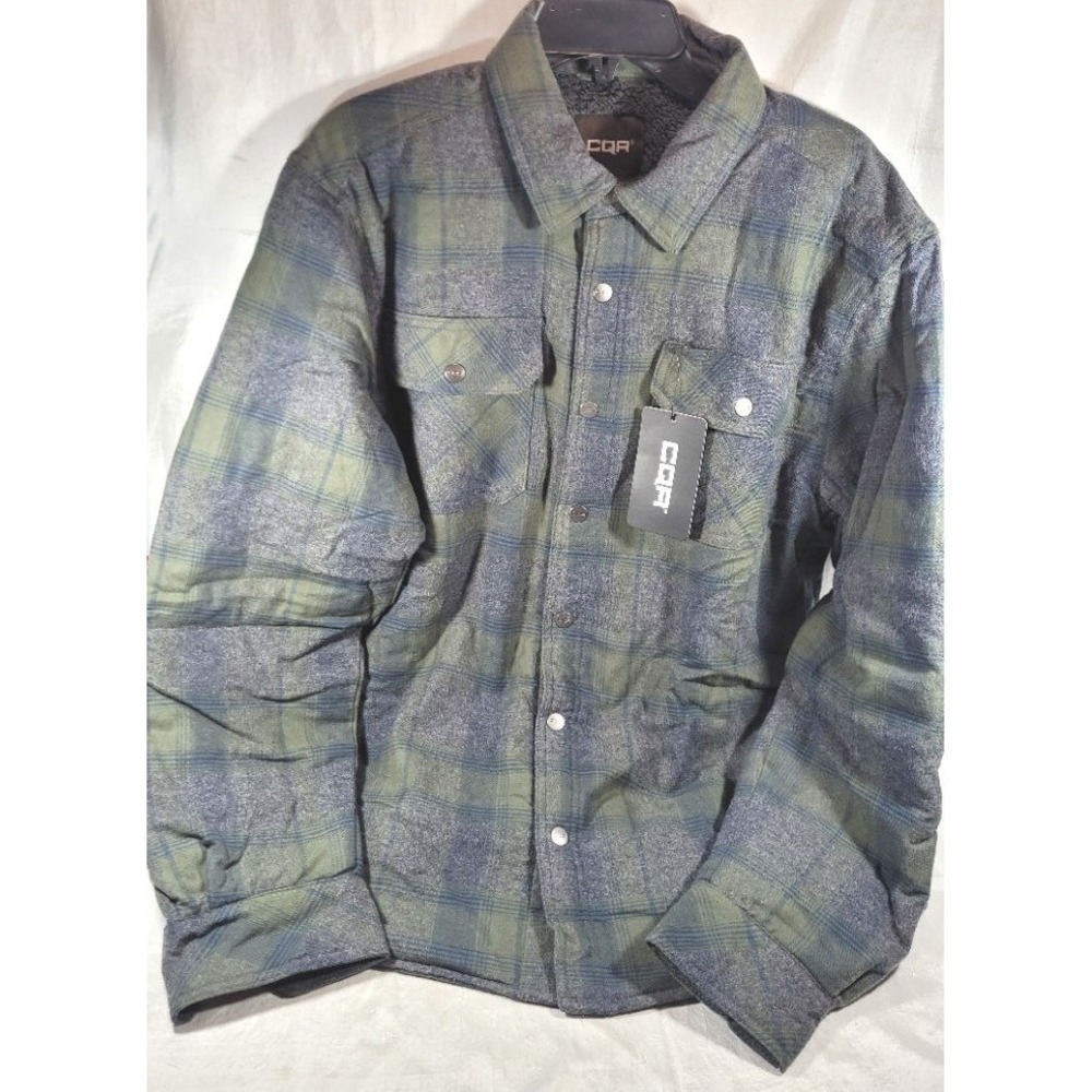 CQR Men's Tactical Gear Series Sherpa Lined Flannel Jacket - Green Plaid - M